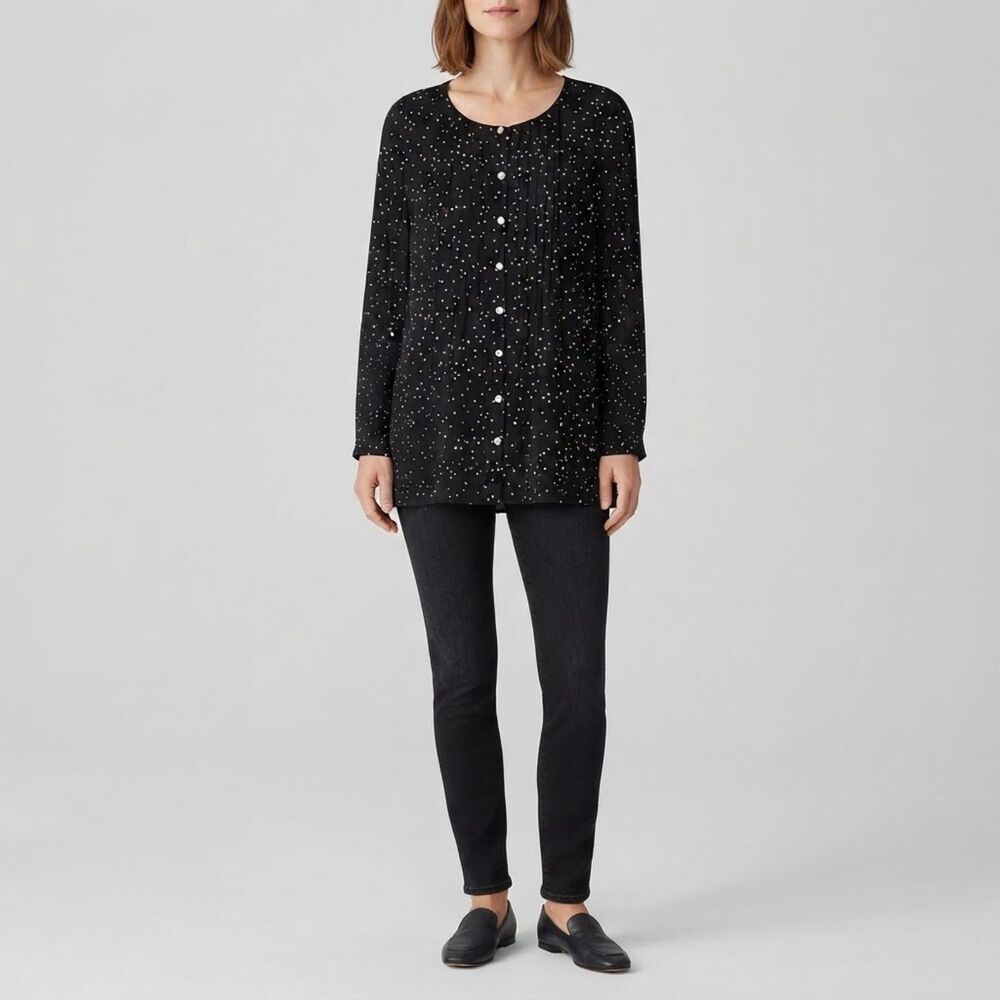 J Jill Shirt L Black with White Dots Pin Tucks Semi Sheer Button Front Top